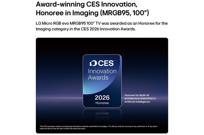 2026 CES Innovation Awards Honoree badge in the Imaging category for the MRGB95 100-inch display
